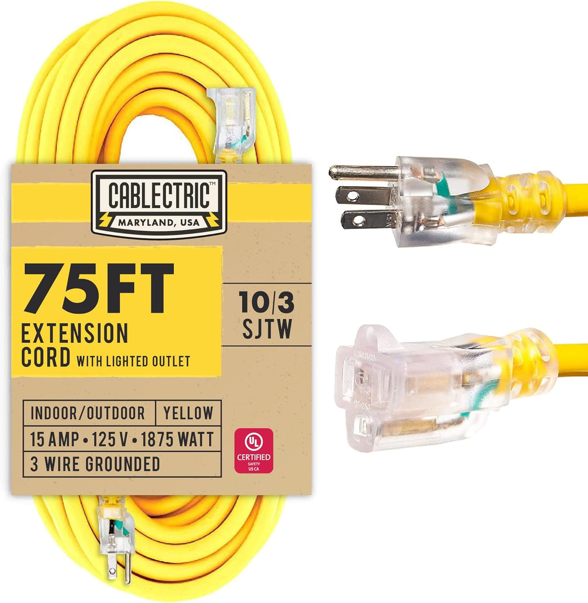 75 Ft 10 Gauge Yellow Heavy Duty Extension Cord J8808