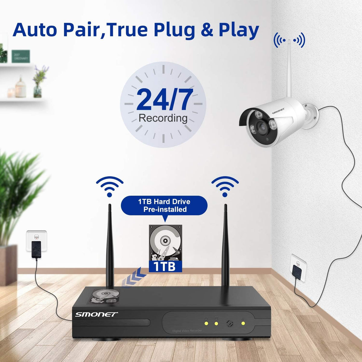 8 Channel 1080P Wireless Security Camera System with 12" Monitor 2TB Hard Drive 4pcs Indoor Outdoor IP Cameras Night Vision E86062