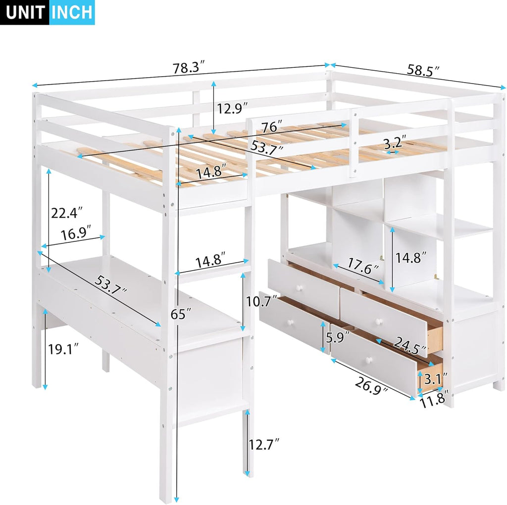 White Full Size Loft Bed with Built-in Desk, 2 Drawers and Storage Shelves Y494944