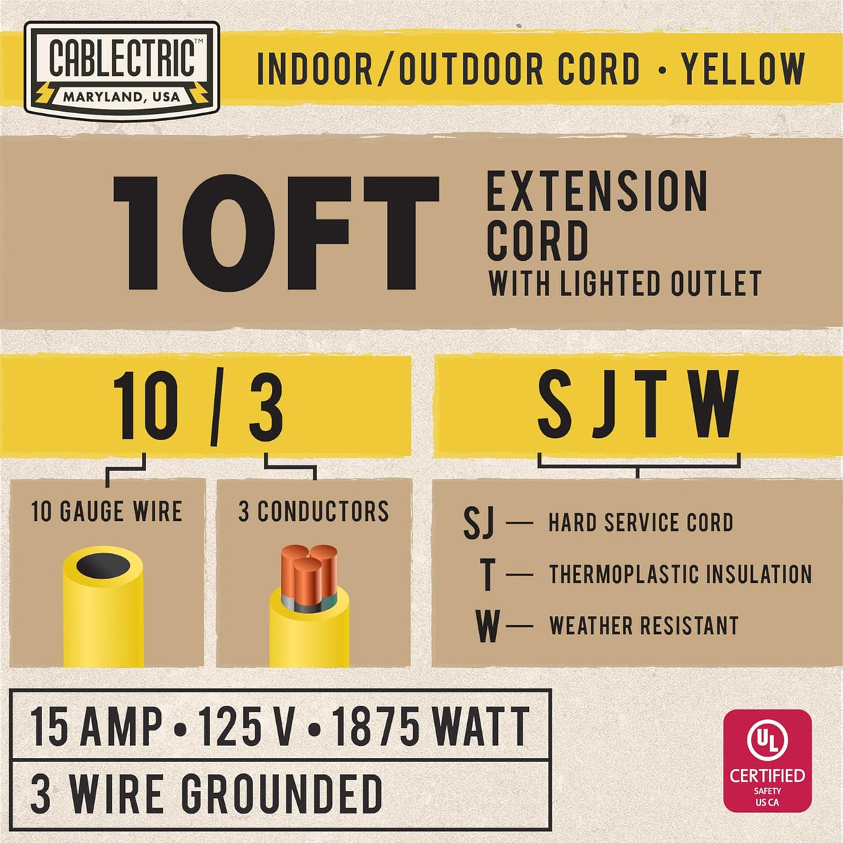 75 Ft 10 Gauge Yellow Heavy Duty Extension Cord J8808