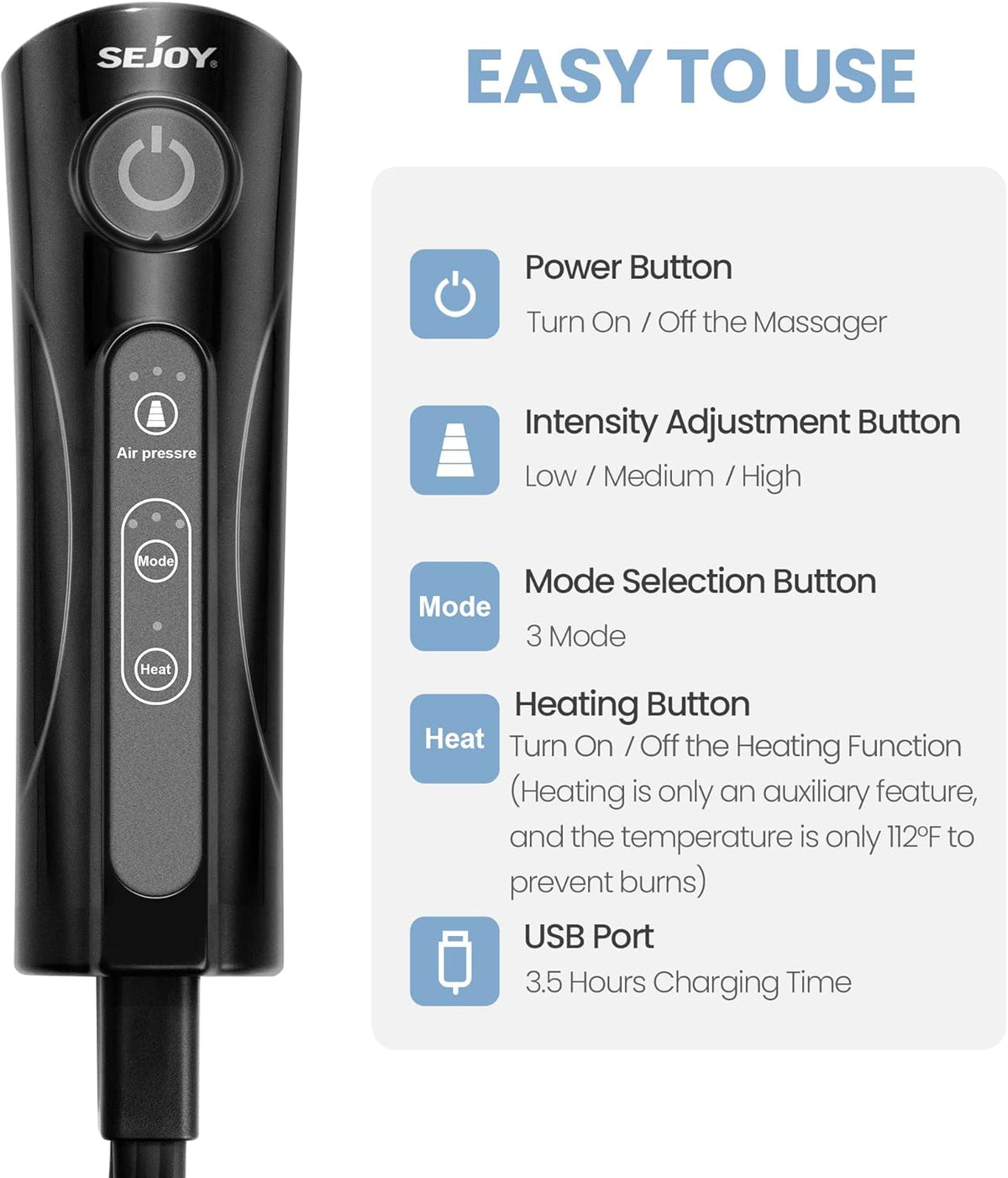 Leg Massager with Air Compression and Heat, Foot and Calf Massage Machine with Hand-held Controller O852