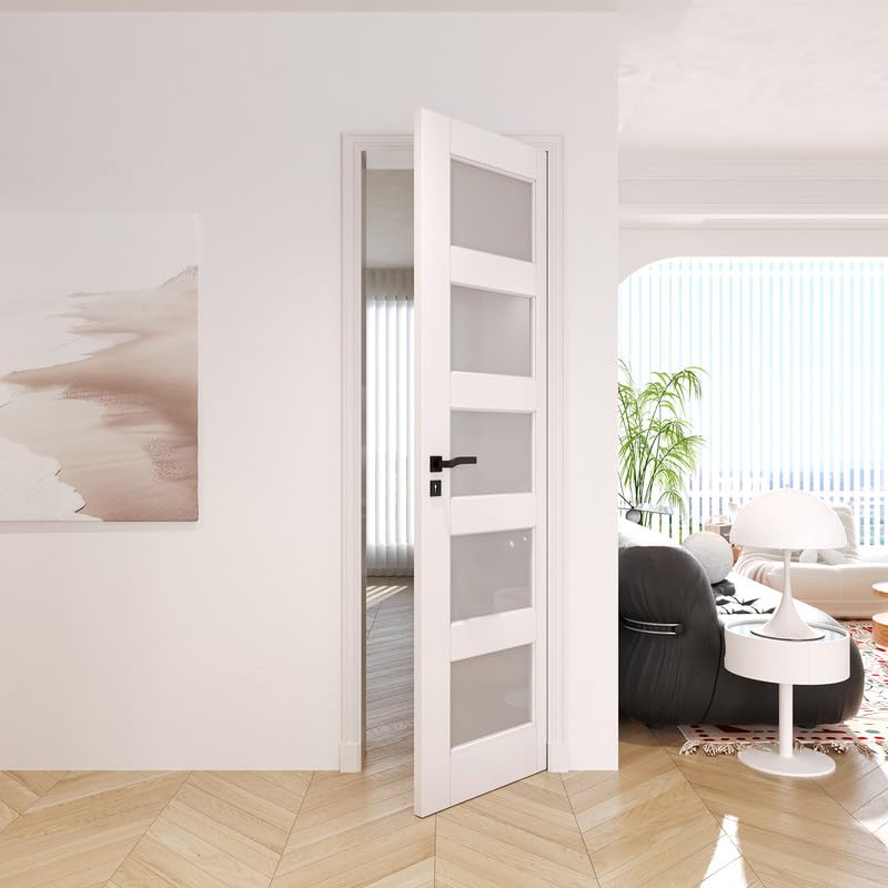 24" x 80" Slab Doors 5-Lite Tempered Frosted Glass Interior French Door, Solid MDF Door PVC Surface Single Panel Slab N314098