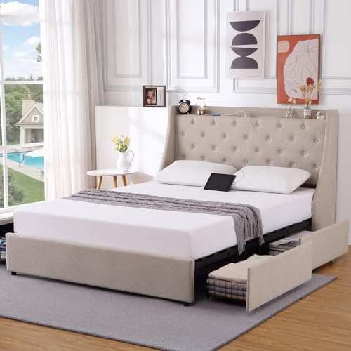 Full Size Upholstered Platform Bed with Button Tufted Storage Headboard and 4 Storage Drawers X780103