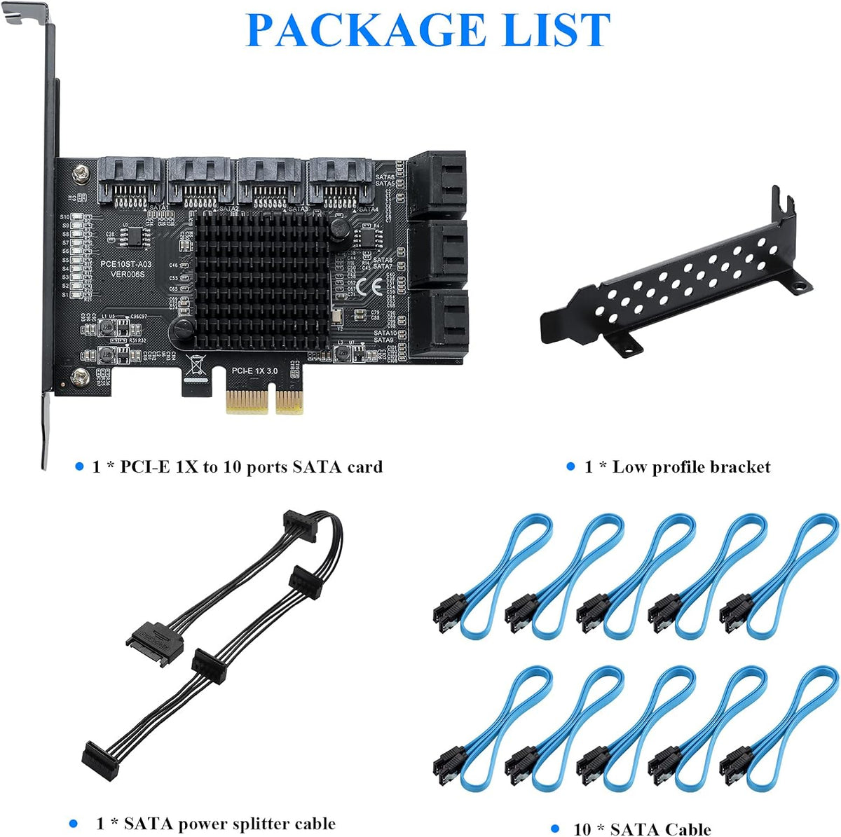 PCIE 1X 10 Ports 6 Gbps SATA 3.0 Expansion Card with Low Profile Bracket and 10 SATA Cables M964