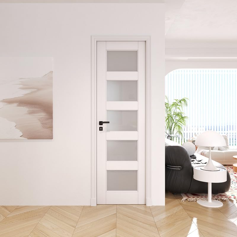 24" x 80" Slab Doors 5-Lite Tempered Frosted Glass Interior French Door, Solid MDF Door PVC Surface Single Panel Slab N314098