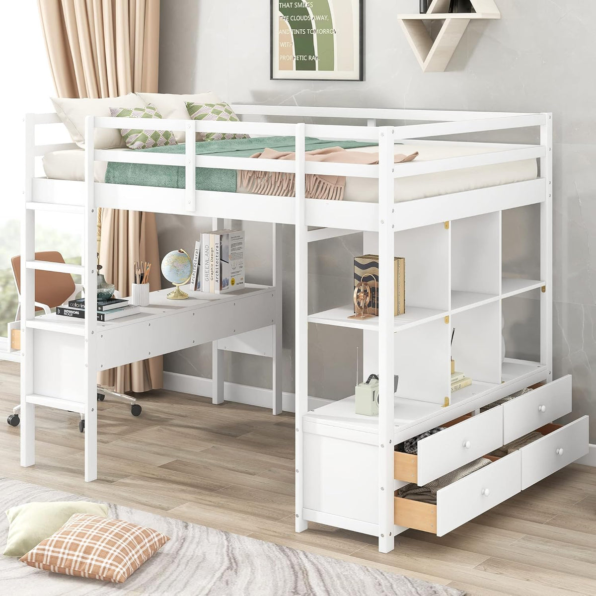 White Full Size Loft Bed with Built-in Desk, 2 Drawers and Storage Shelves Y494944