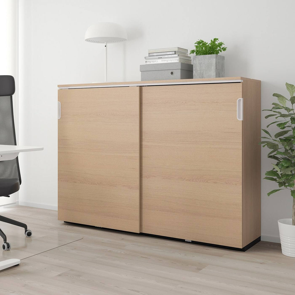 White Stained Oak Veneer Cabinet with Sliding Doors R70965
