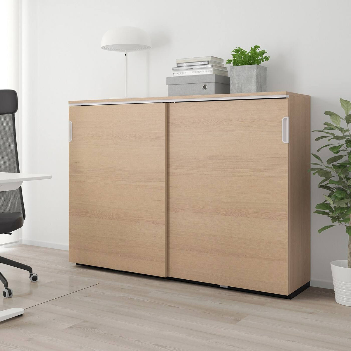 White Stained Oak Veneer Cabinet with Sliding Doors R70965