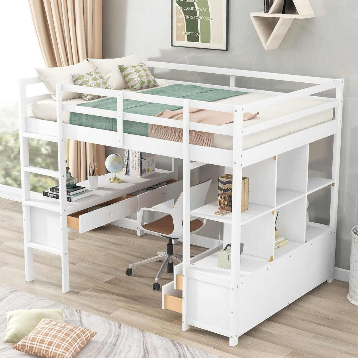 White Full Size Loft Bed with Built-in Desk, 2 Drawers and Storage Shelves Y494944