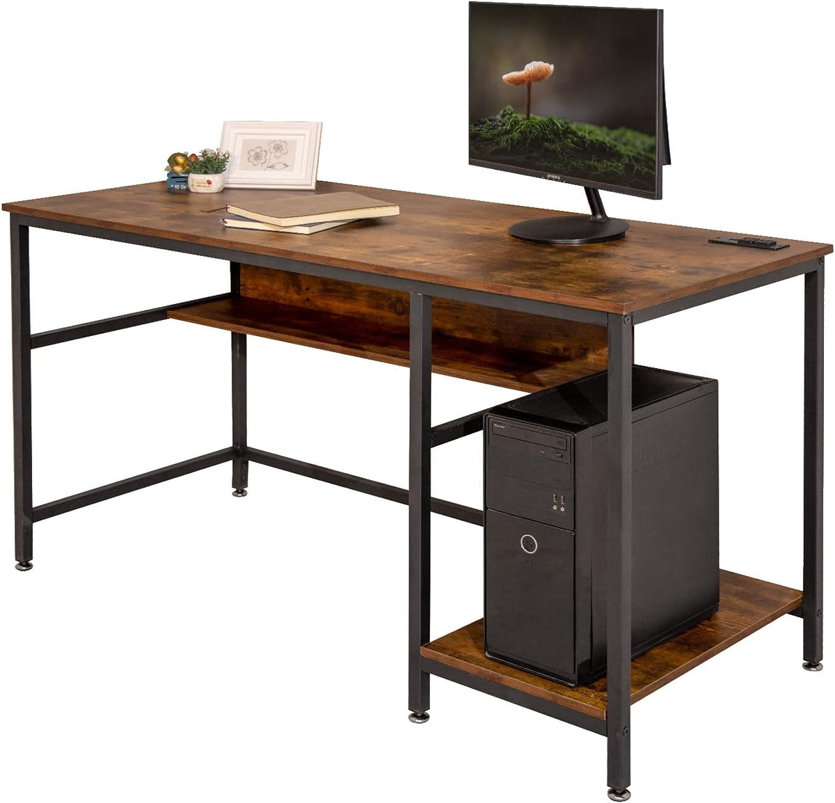 Rustic Brown 55 Inch Computer Desk with Power Outlet and Storage Shelves P1383
