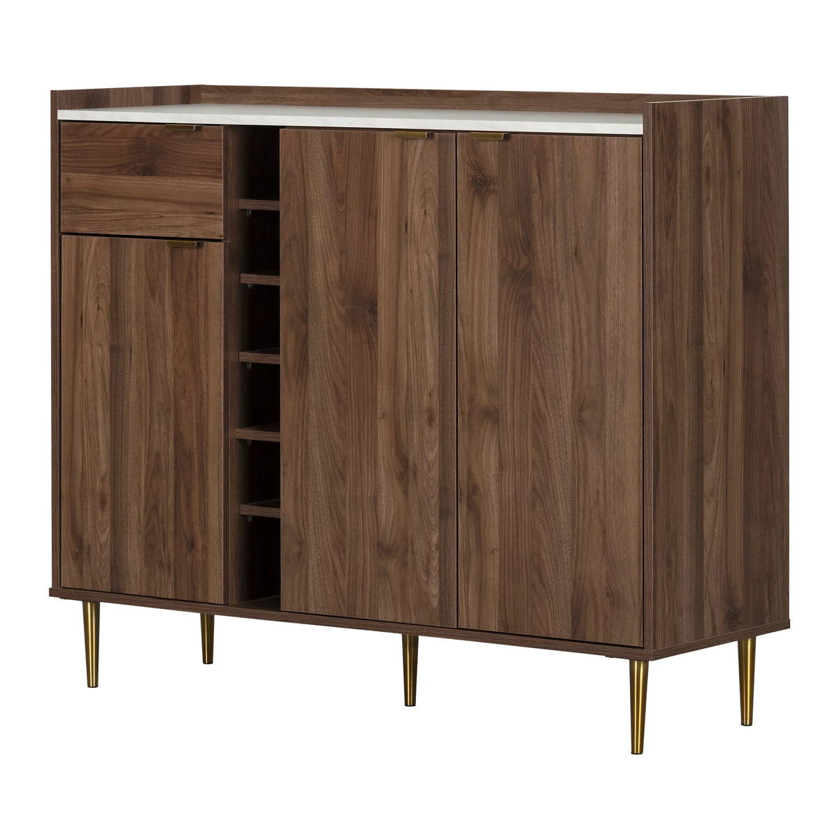 Natural Walnut and Faux Carrara Marble Buffet with Storage V445