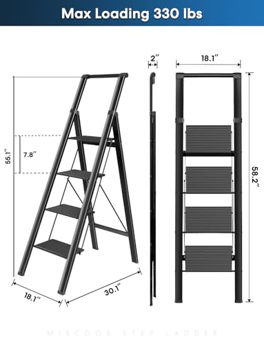 4 Step Ladder, Lightweight Portable Folding with Anti-Slip Wide Pedal, 330lb Capacity Aluminum, Black V2866
