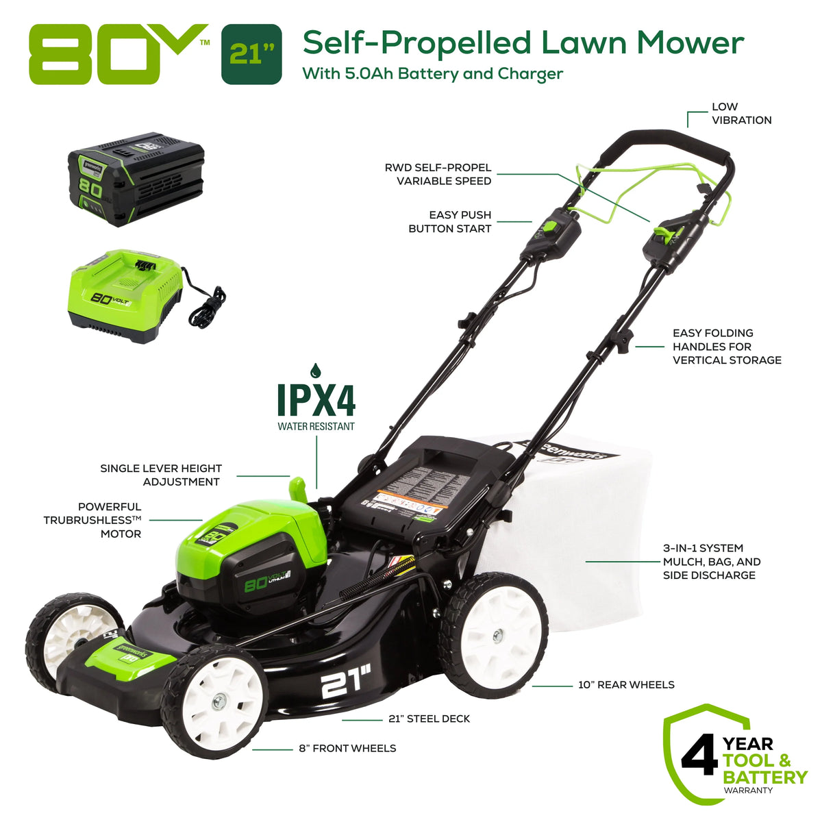 80V 21 Self Propelled Mower 5Ah Battery & Charger T40175