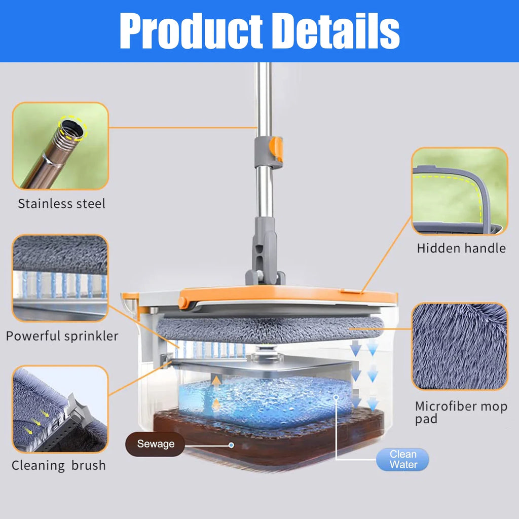 6 Packs Spin Mop and Bucket Set with Self Wringing 360° Rotating Square Mop-Head X75641