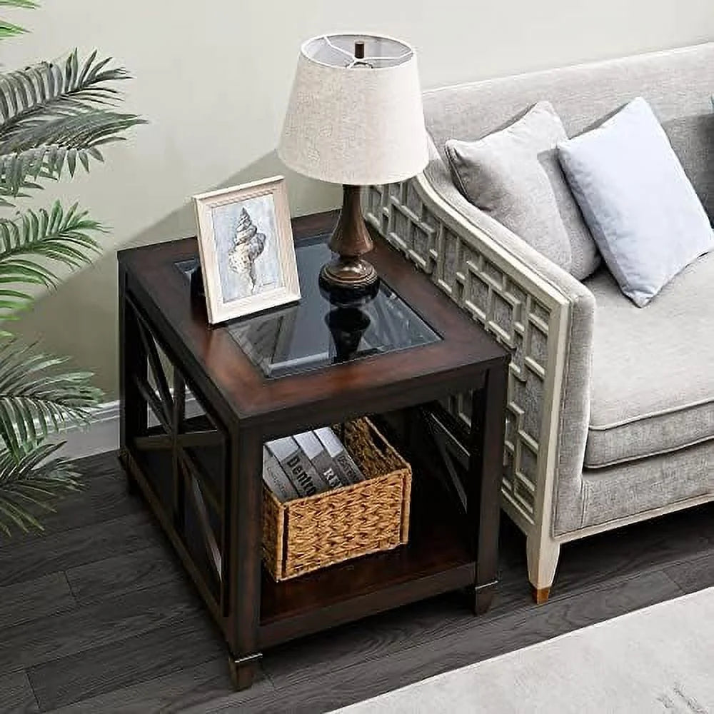 Rustic Brown End Table with Tempered Glass F384