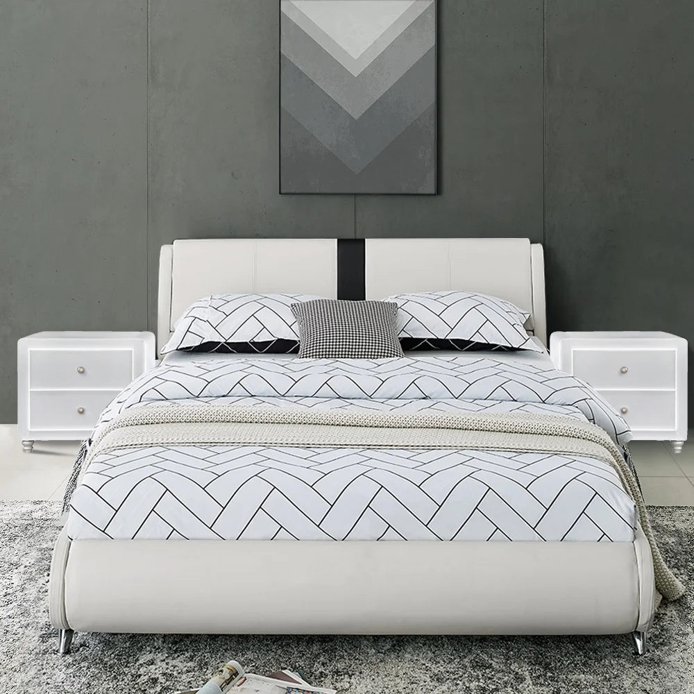 Queen White Platform Bedroom Set with Striped Headboard K161