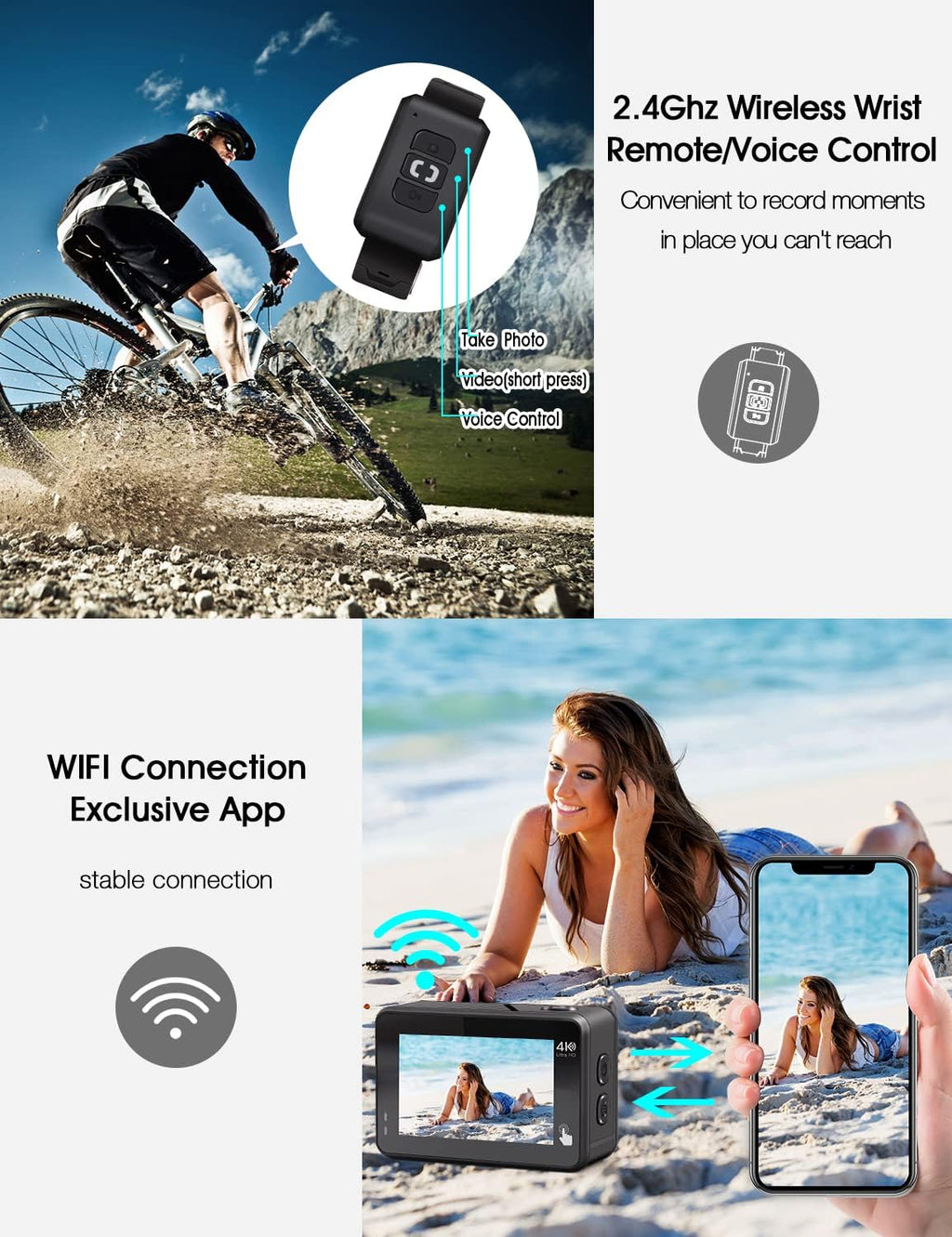 4K 60FPS Waterproof Action Camera with Stabilization, WiFi, Dual Screen, 2 Batteries V57122