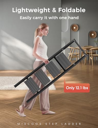 4 Step Ladder, Lightweight Portable Folding with Anti-Slip Wide Pedal, 330lb Capacity Aluminum, Black V2866