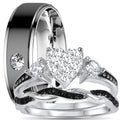 3 Piece Sterling Silver Black Wedding Band Engagement Ring Set V89113