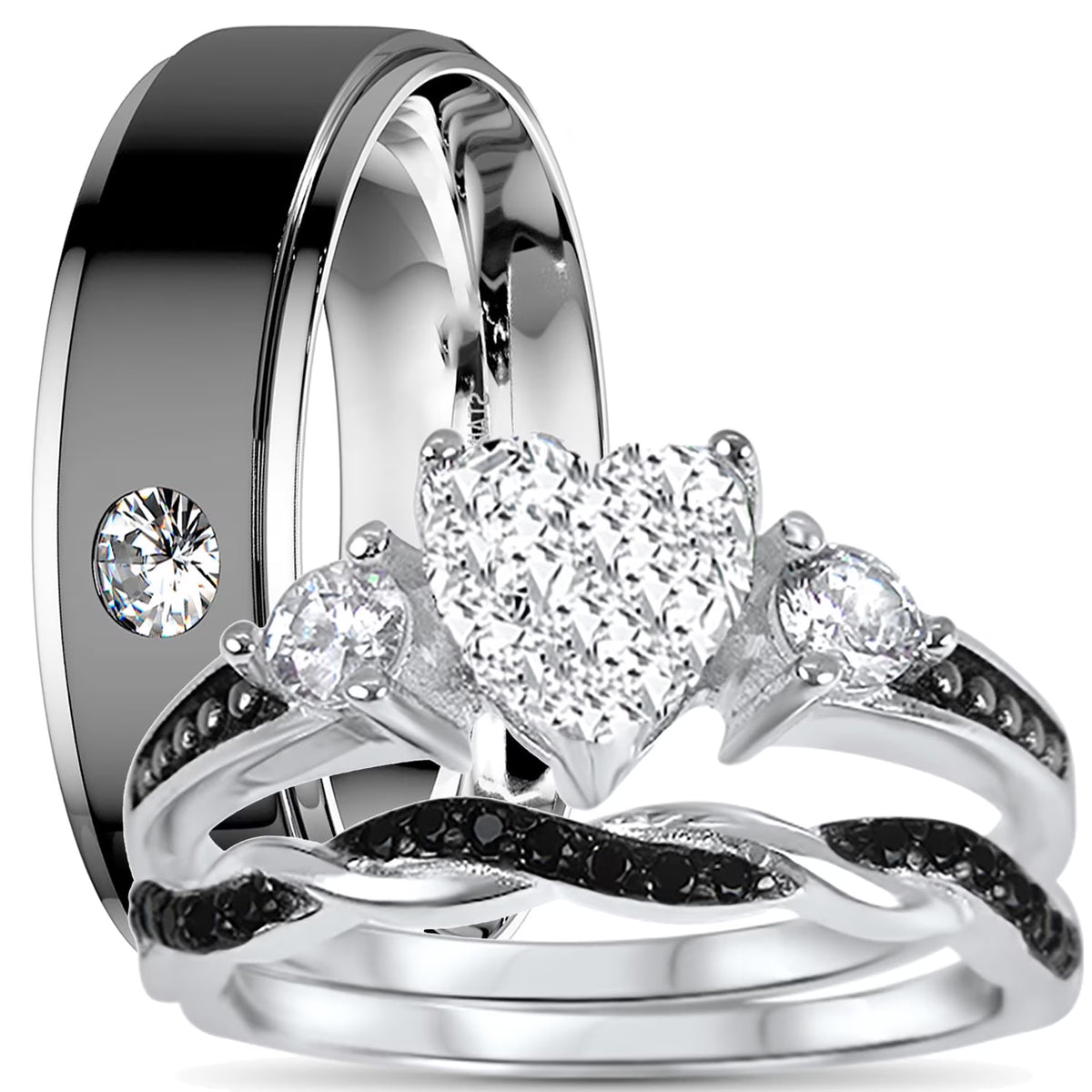 3 Piece Sterling Silver Black Wedding Band Engagement Ring Set V89113