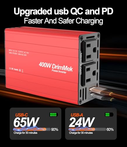 400W Car Power Inverter Dual DC 12V to 110V AC USB C 65W F884