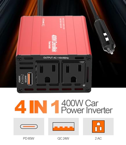 400W Car Power Inverter Dual DC 12V to 110V AC USB C 65W F884
