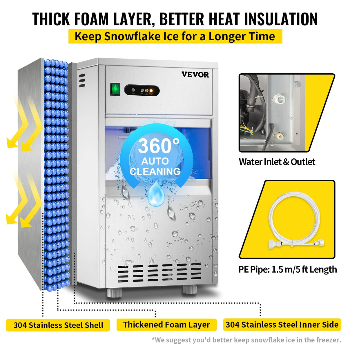 110V Commercial Snowflake Ice Maker 55lbs/24h, Food Grade Stainless Steel, Automatic Operation, Free Standing, Water Filter and Spoon O86458