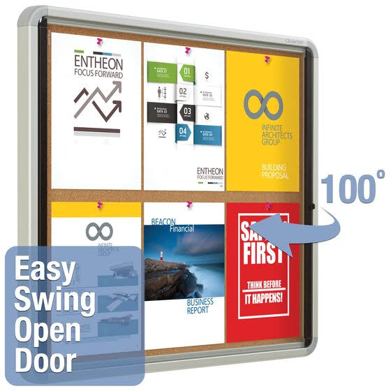 Enclosed Cork Bulletin Board with Swing Door, 30 x 27, Silver Aluminum Frame Q193500