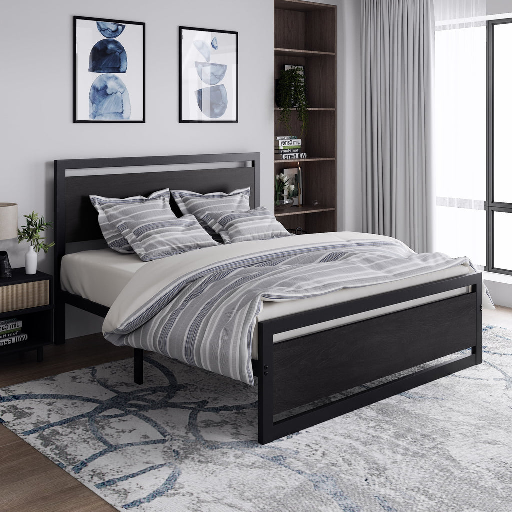 Queen Size Metal Platform Bed Frame with Wooden Headboard Footboard C5418