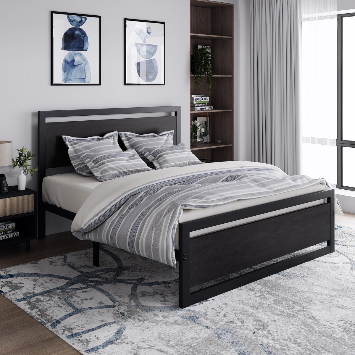 Queen Size Metal Platform Bed Frame with Wooden Headboard Footboard C5418