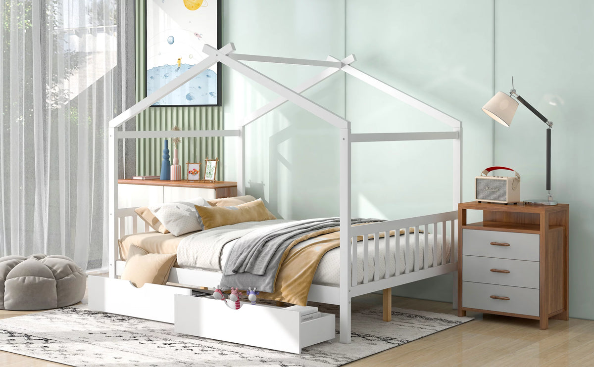White Full Size Platform Bed with Two Drawers N576589