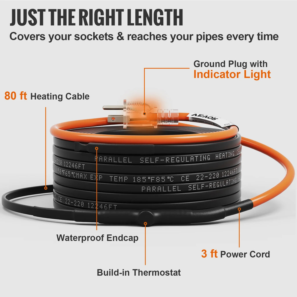 Self-Regulating Pipe Heating Cable, 80-feet 5W/ft, 120V M291396