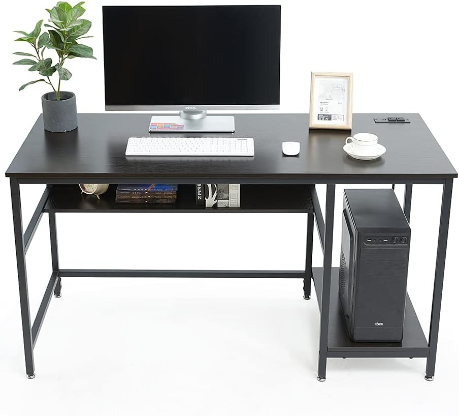 Rustic Brown 55 Inch Computer Desk with Power Outlet and Storage Shelves P1383