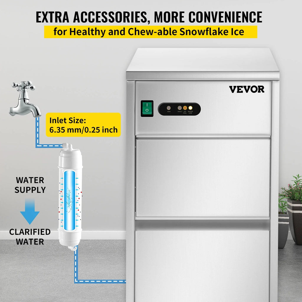 110V Commercial Snowflake Ice Maker 55lbs/24h, Food Grade Stainless Steel, Automatic Operation, Free Standing, Water Filter and Spoon O86458