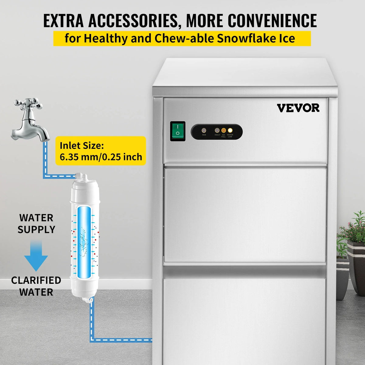 110V Commercial Snowflake Ice Maker 55lbs/24h, Food Grade Stainless Steel, Automatic Operation, Free Standing, Water Filter and Spoon O86458
