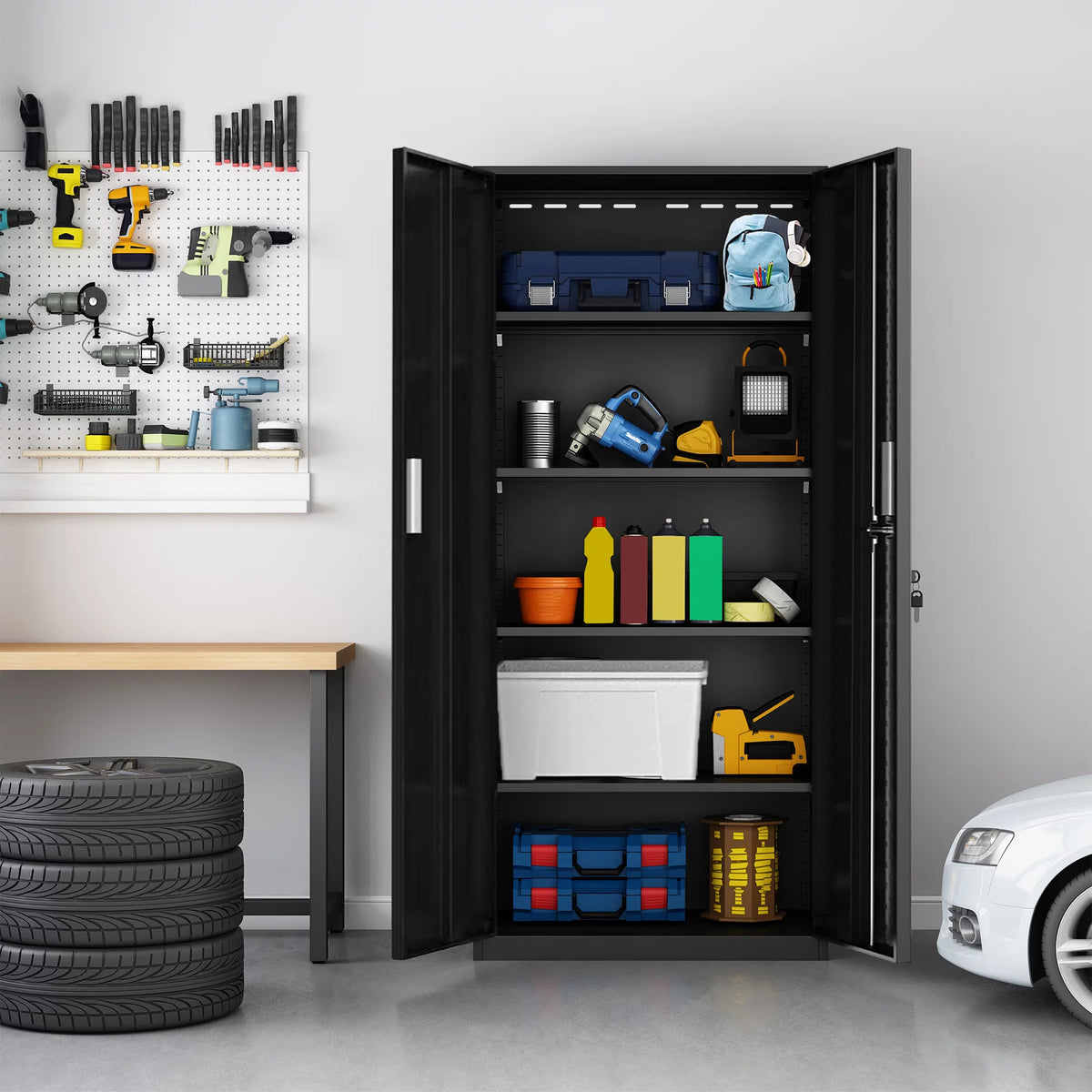 Tall Metal Storage Garage Cabinets with Locking Doors and 4 Adjustable Shelves X6802