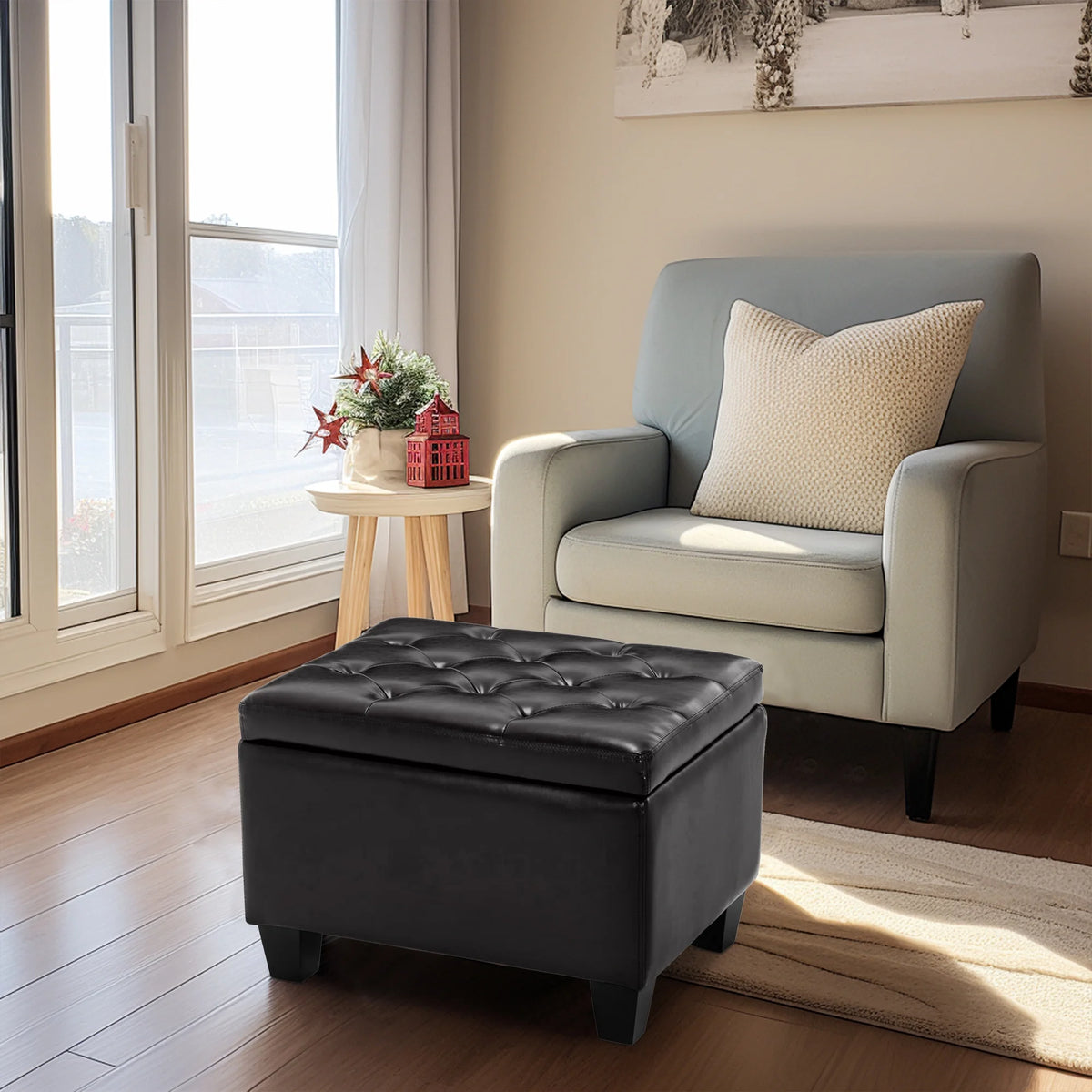 Black Faux Leather Storage Ottoman N3476
