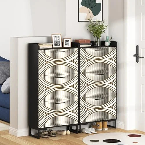 White Slim Shoe Cabinet with 3 Flip Drawers X336