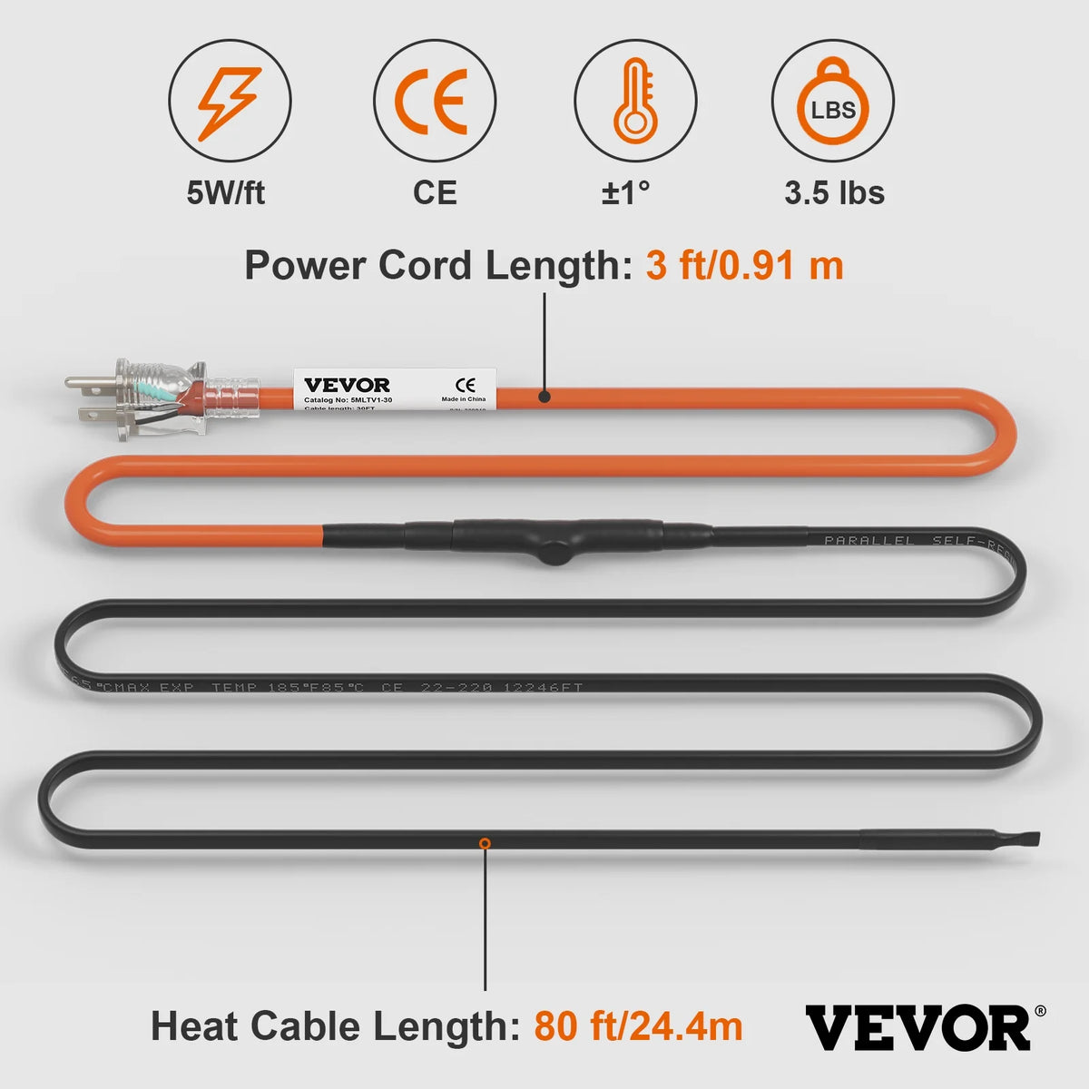 Self-Regulating Pipe Heating Cable, 80-feet 5W/ft, 120V M291396