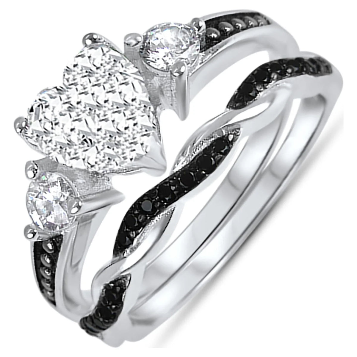 3 Piece Sterling Silver Black Wedding Band Engagement Ring Set V89113