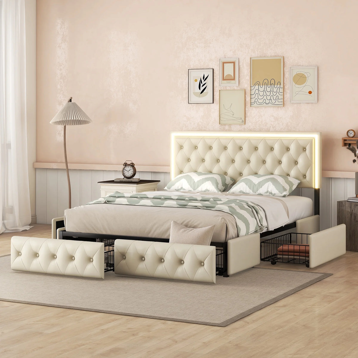 Queen Upholstered Bed Frame with 4 Storage Drawers H556726