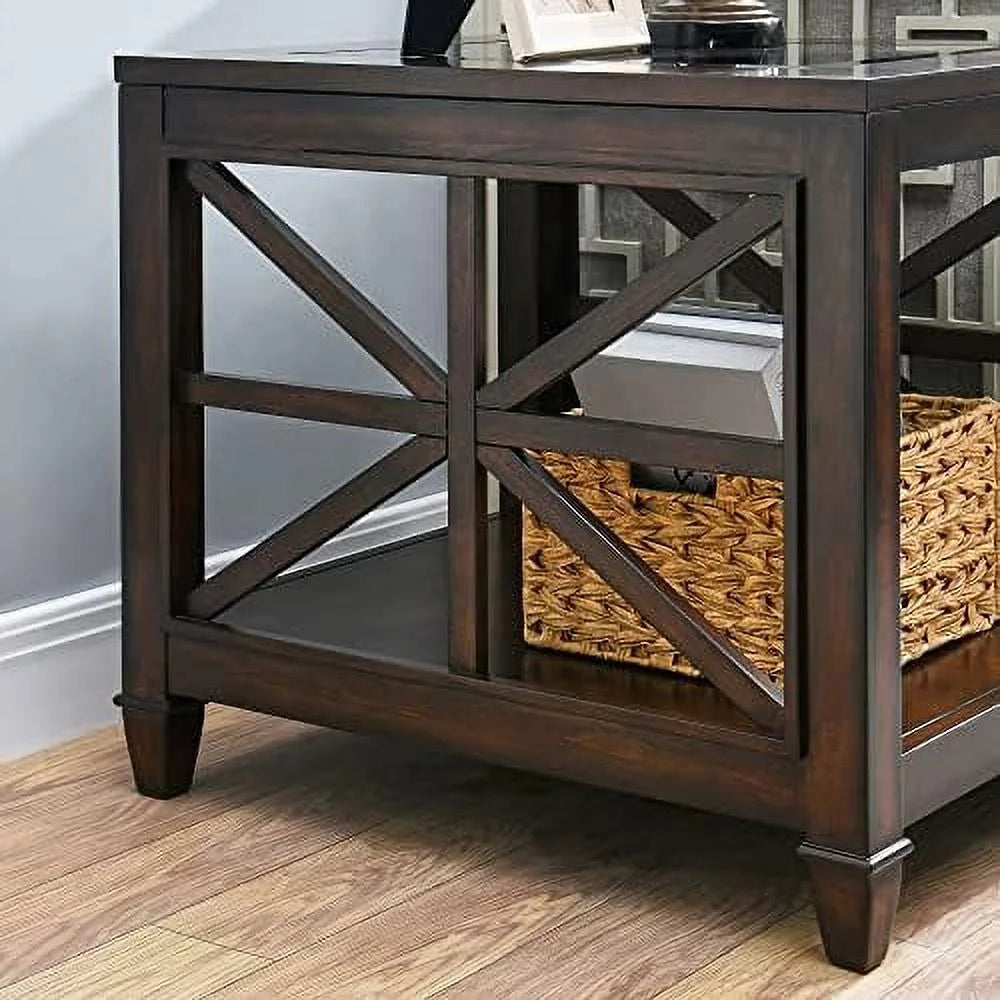 Rustic Brown End Table with Tempered Glass F384