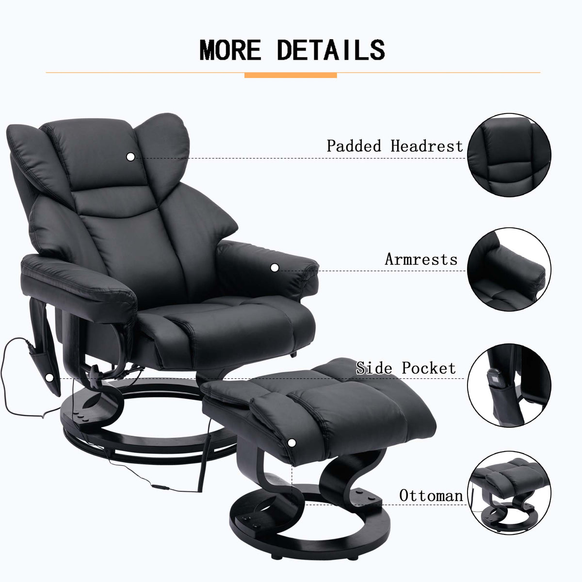 Black PU Massage Recliner Office Chair with Ottoman I468