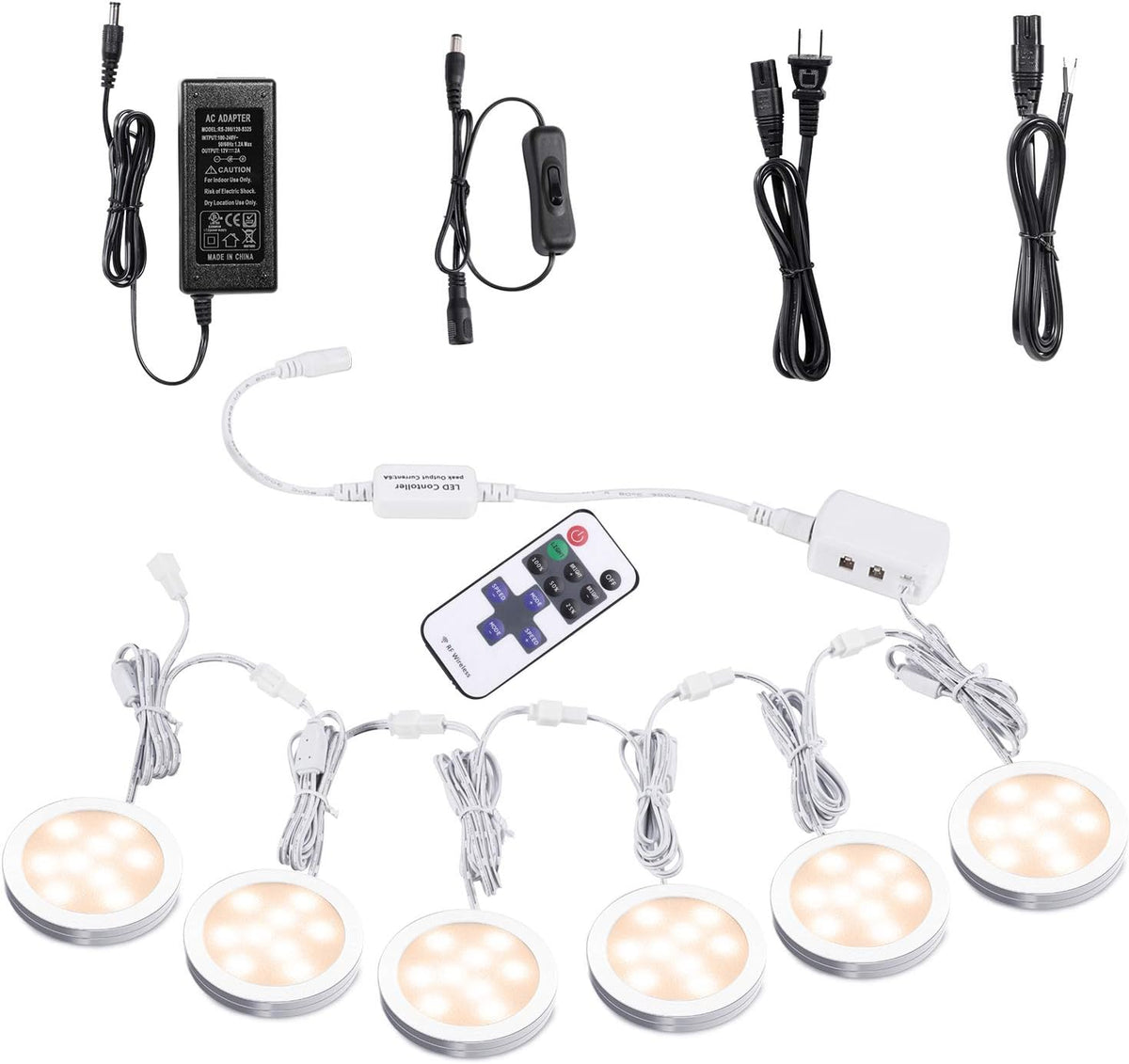Under Cabinet LED Puck Lights with Wireless RF Remote Control, Hardwired & Wall Plug in, Daylight White, 6 Lights, Pack of 2 F745652