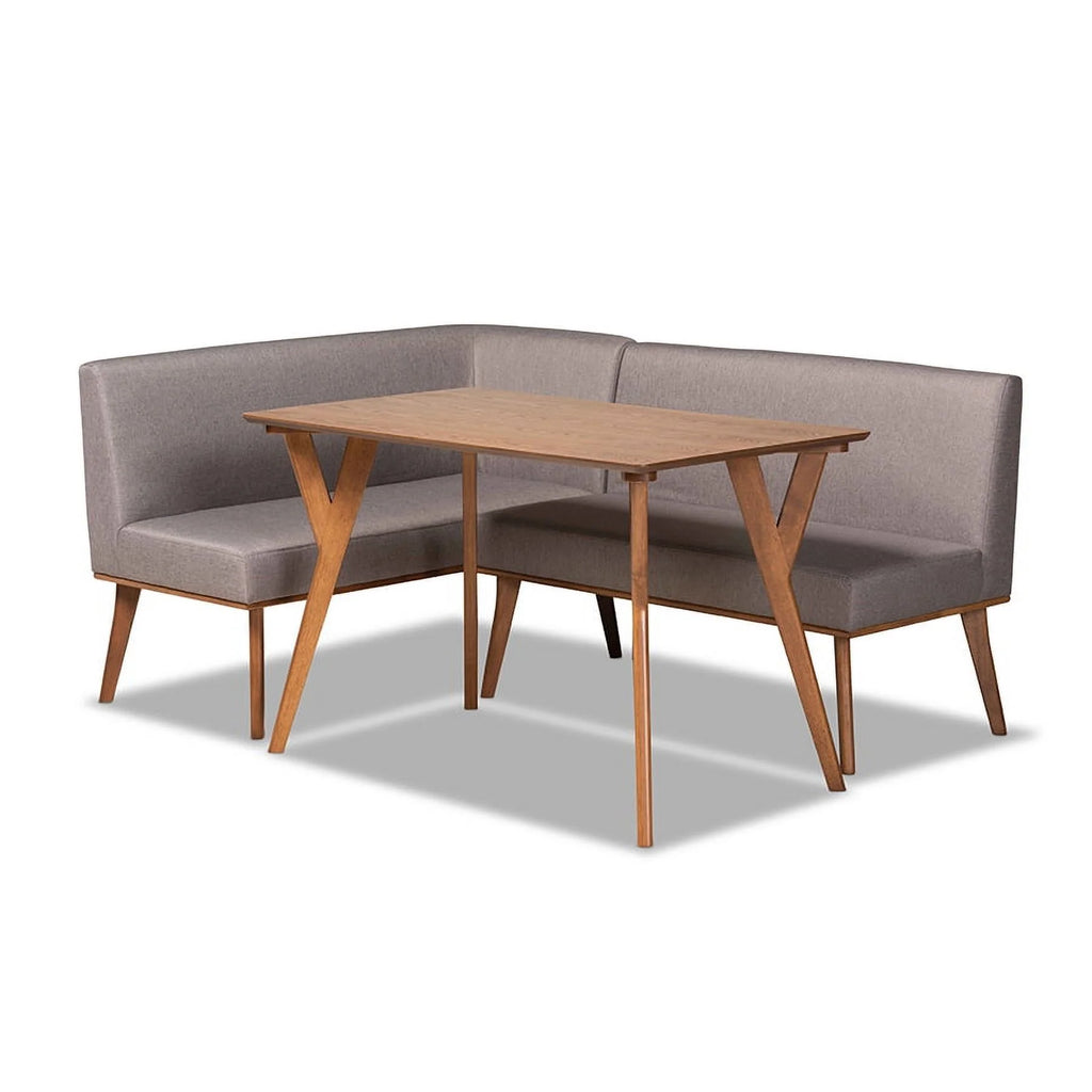 Grey Fabric Upholstered Walnut Brown Wood 3-Piece Dining Nook Set A425