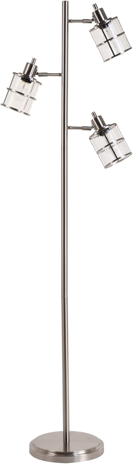 Modern 3 Floor Lamp with Adjustable Ribbed Glass Shades, 68 in, Brushed Nickel H474