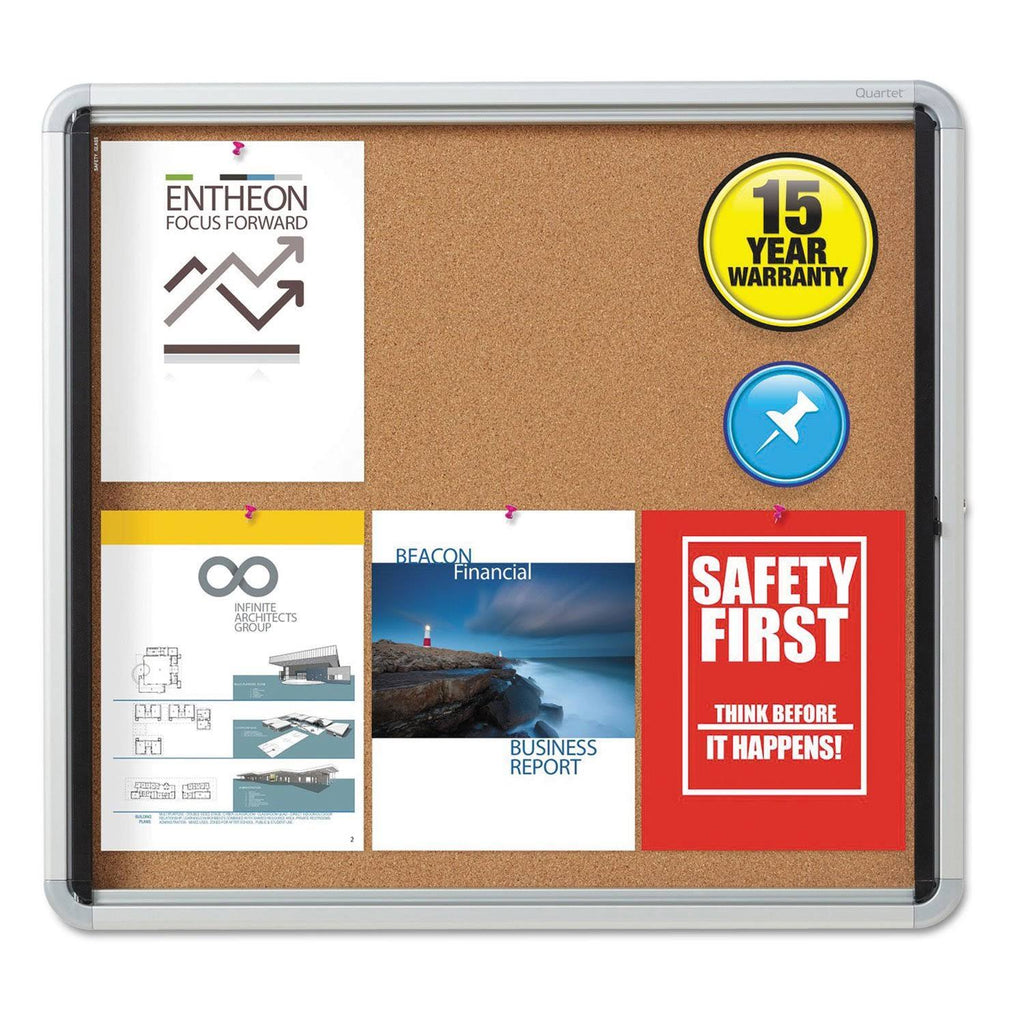 Enclosed Cork Bulletin Board with Swing Door, 30 x 27, Silver Aluminum Frame Q193500