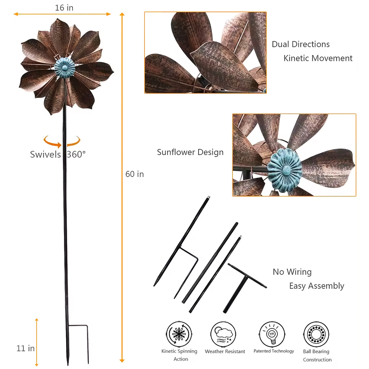 60 inch Metal Wind Spinner with Bronze Leaves and Blue Flower Core J14067