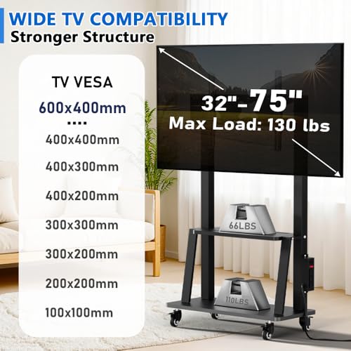 Black Rolling TV Stand with Power Outlet, Height Adjustable for 32-75 inch TV Z35246