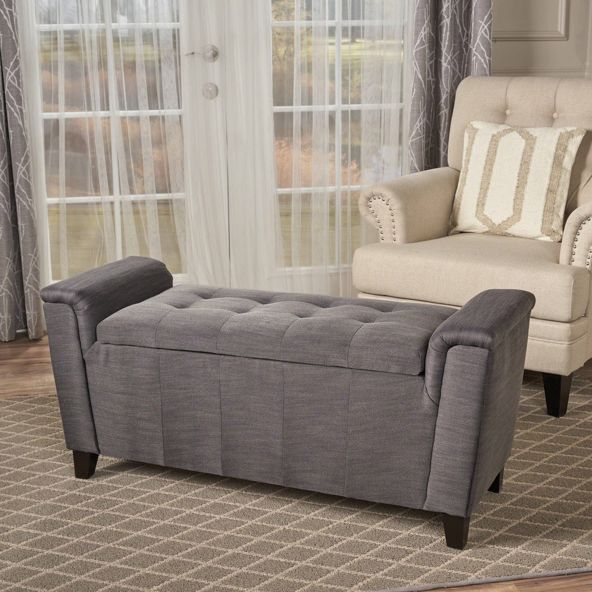 Tufted Fabric Armed Storage Ottoman Bench D93099